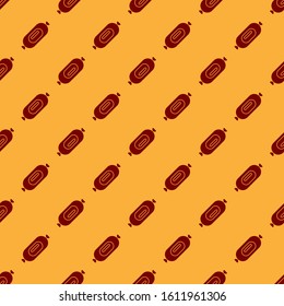 Red Salami sausage icon isolated seamless pattern on brown background. Meat delicatessen product.  Vector Illustration
