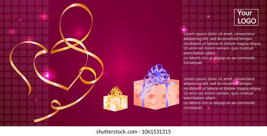 Red sale background layout for banners with gift box, bows and ribbons. Voucher discount. Vector illustration template for invitation, ticket, gift coupon, flyer, certificate.