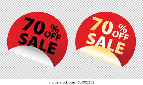 Red sale badge with up to 70 percents discount. Vector set or two stickers with sample text