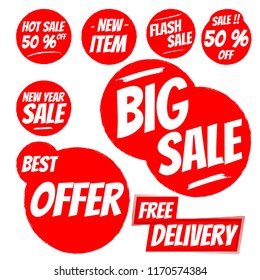 Red sale badge with best offer, free delivery, big sale, 50% off
