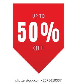 Red sale banner, 50 percent off, bold white text, arrow shaped design, retail discount, promotional signage, vibrant color, minimalist graphic, eye-catching advertisement.