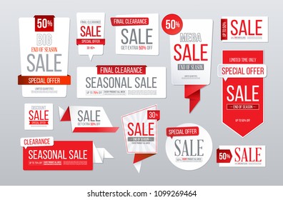 Red sale banner. Big collection. Discount tags, special offer stickers, seasonal clearance labels. 