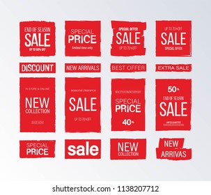 Red sale banner. Big collection. Discount tags, special offer stickers, seasonal clearance labels. 