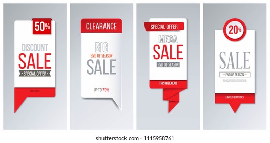 Red sale banner. Discount tags, special offer stickers, seasonal clearance labels. 