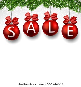 Red sale christmas balls. New year background. Vector. 