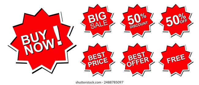 red sale discount stamp badge, big sale, buy now, best price offer, discount, free, store shop or online shopping. design for advertising discount tag, label