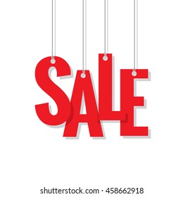 red sale hanging mobile heading design on white background for banner or poster. Sale and Discounts Concept. Vector illustration.
