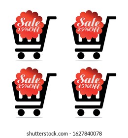 Red sale icons set 15%, 25%, 35%, 45% off with shopping trolley. Vector illustration