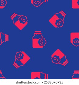 Red Sale in jar of honey icon isolated seamless pattern on blue background. Food bank. Sweet natural food symbol.  Vector