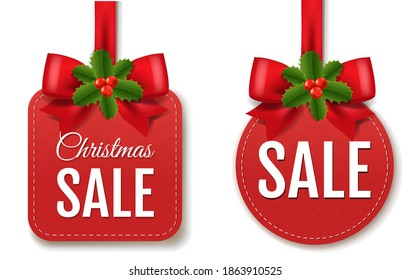 Red Sale Labels With Red Silk Ribbon And Holly Berry With Gradient Mesh, Vector Illustration