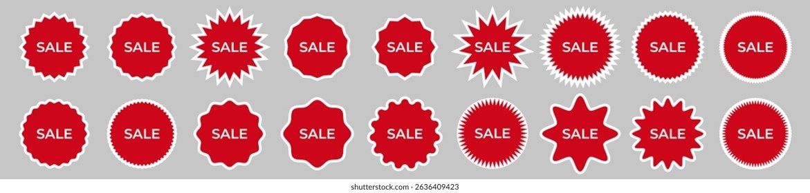 Red SALE Labels with White Border. Promo Tag Pack. Labels with white border outlines, starburst and wavy shapes, perfect for seasonal sales and special offers. Vector EPS 10