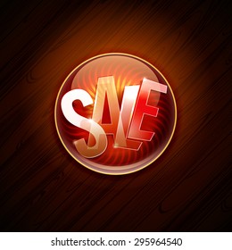 Red sale offer circle label at dark wooden background. Vector business banner. Flayer with hot sale typography.