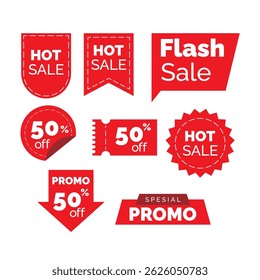 Red Sale and Promo Sticker Collection, Set of bold red promotional labels including "Hot Sale," "Flash Sale," and "50% Off" tags with modern typography.