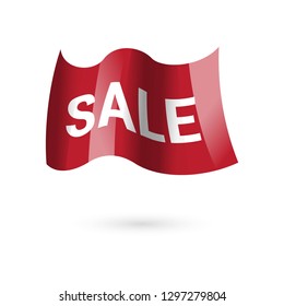 Red sale ribbon banner.Red waving flag with sale. Offer template banner