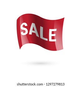 Red sale ribbon banner.Red waving flag with sale. Offer template banner