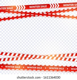 Red sale ribbon, winter tapes in festive holiday style. Horizontal sale red crossed banner set with light effect for promo, poster and website. Vector cartoon illustration on transparent background.