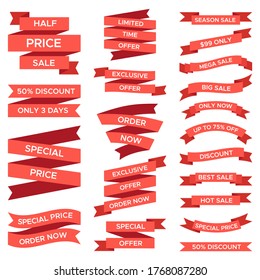 Red sale ribbons set isolated on white background. Curved paper, fabric tapes with text for half price sale, discount only 3 days, big or mega sale, limited time and exclusive offer. Ad labels vector