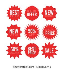 Red sale starburst sticker set - collcetion of stared round labels and badges with best offer and discount signs. Various sale and special price stickers and buttons for promotion pricetag.