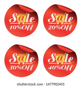 Red sale stickers 10%, 20%, 30%, 40% off with gold shopping cart.Vector illustration