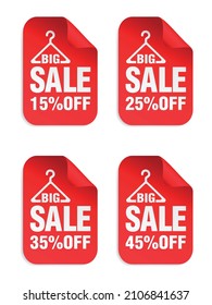 Red sale stickers set with hangers for clothes. Big Sale 15%, 25%, 35%, 45% off. Vector illustration