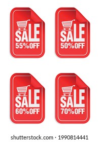 Red Sale stickers set with shopping cart. Sale stickers 50%, 55%, 60%, 70% off. Vector illustration