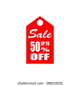 Red sale tag. Up to 50% off. Vector, eps10