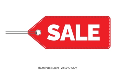 étiquette de vente rouge avec texte blanc en gras et pièce jointe à une chaîne, isolée sur fond blanc, idéale pour les promotions à prix réduit, les offres spéciales, les bannières de magasins en ligne et les visuels de marketing de détail	