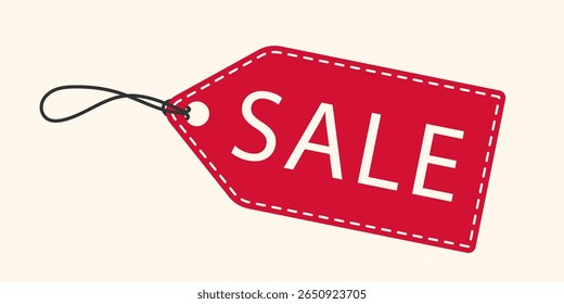 Red sale tag with bold white text stitched border and black string. Promotion Label in Flat minimal style. Great for discount, online shop, banner, flyer, marketing, ads, seasonal sales, Black Friday