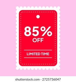 Uma etiqueta de venda vermelha com 85% de desconto e oferta de tempo limitado