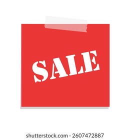 Red sale tag label illustration. Taped square sale paper note memo. Price and discount label stickers.