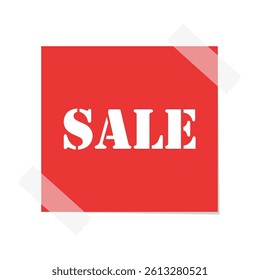 Red sale tag label illustration. Taped square sale paper note memo. Price and discount label stickers.