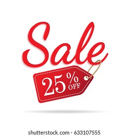 Red sale tag on white background, 25 percent off. Vector illustration.