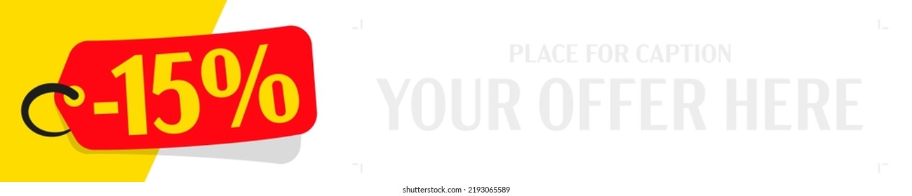 Red sale tag over banner template background. Minus 15 percent reduced price off promotion. Marketing sale discount for purchase with special price vector illustration