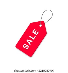 Red Sale Tag. Rectangular Promotional Badge With Hole And Fastening Thread. Special Discounts And Offers For Regular And New Vector Customers