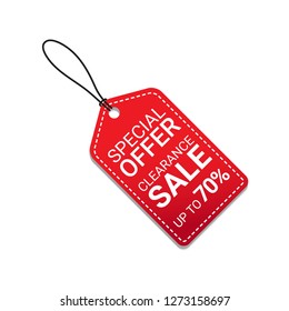 Red Sale tag special offer clearance sale with hanging and shadow, for business shopping online website show your product discount price, vector isolated on white background.
