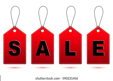 red SALE tag with string and shadow isolated on white background