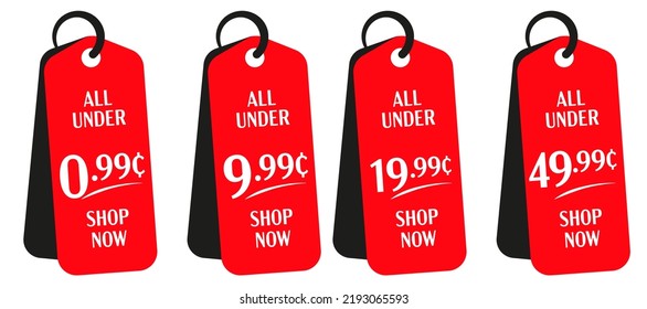 Red sale tag template set. All under 0.99, 9.99, 19.99, 49.99 cent shopping sale red tag vector illustration. Promotion marketing material for social media or website isolated on white background