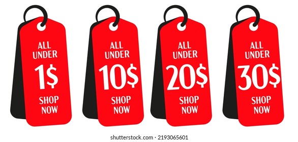 Red sale tag template set. All under 1, 10, 20, 30 dollar shopping sale red tag vector illustration. Promotion marketing material for social media or website isolated on white background