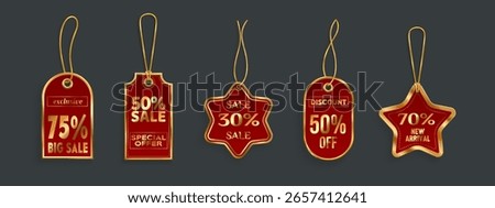 Red sale tags with gold string attachments - promotional price labels with discounts text signs. Retail marketing badges for exclusive offers, special deals, new arrivals with elegant golden borders