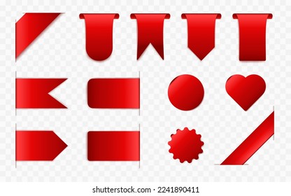 Red sale tags, price labels and stickers. Blank badges and ribbons of discount, promotion, special offer for retail products isolated on transparent background, vector realistic set