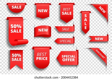 Red sale tags. Promotion banner, special price label, exclusive offer tag. Red ribbon badges, corners. Realistic promotional ribbons vector set. Elements for sale or discount isolated