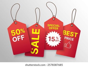 Red Sale tags set with discount percentages and promotional messages. Realistic Hanging labels with special offers, ideal for banner,web,retail, e-commerce,marketing campaigns. Vector illustration