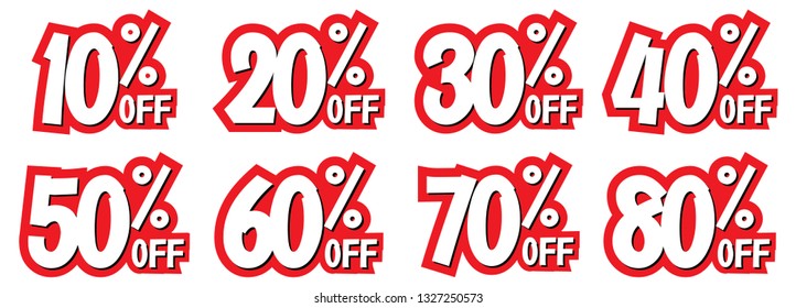 Red sale tags set vector badges template, 10 off, 20%, 30, 40, 50, 60, 70, 80, percent sale label symbols, discount promotion flat icon - vector