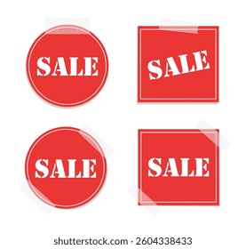 Red sale tags vector illustration set. Taped sale paper note memo. Price and discount label stickers.