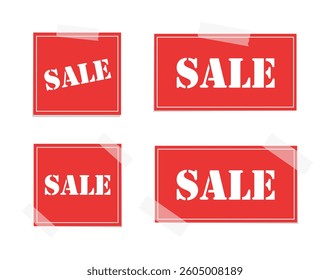 Red sale tags vector illustration set. Taped sale paper note memo. Price and discount label stickers.