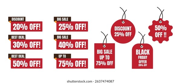 Red Sale Tags Vector Set – Discount Offer Labels with Percent Off Text for Black Friday, Big Sale, Super Deal, and Promo Banners in Flat Style. Vector Illustration Minimal Icon Design.