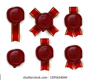 Red Sale wax rero seals color vector illustrations set. Vintage stamps with ribbons clipart pack. Isolated design element for letter, certificate, diploma. Confidential document realistic decoration