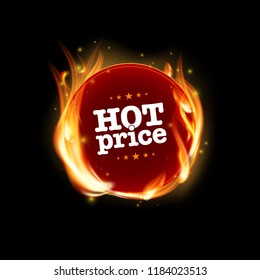 Red sales label with HOT PRICE text and realistic fire flames on black background - vector illustration