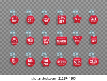 Etiquetas de ventas rojas tambalean con texto. Etiqueta de descuento vectorial, oferta especial, banner de precio plástico.