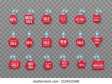 Red sales tags wobblers with text. Vector discount sticker, special offer, plastic price banner.